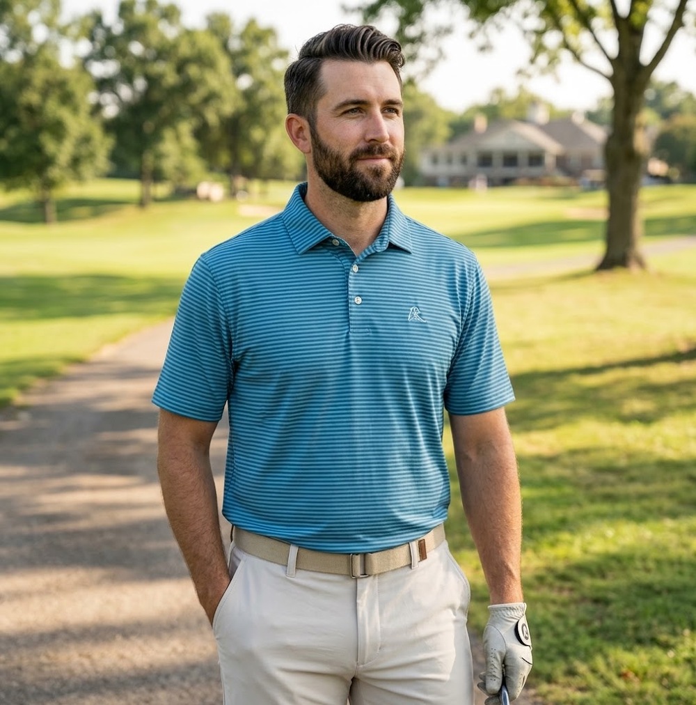 Rhoback Men's The Birdie Stripe Short Sleeve Performance Polo Size XL Blue Green